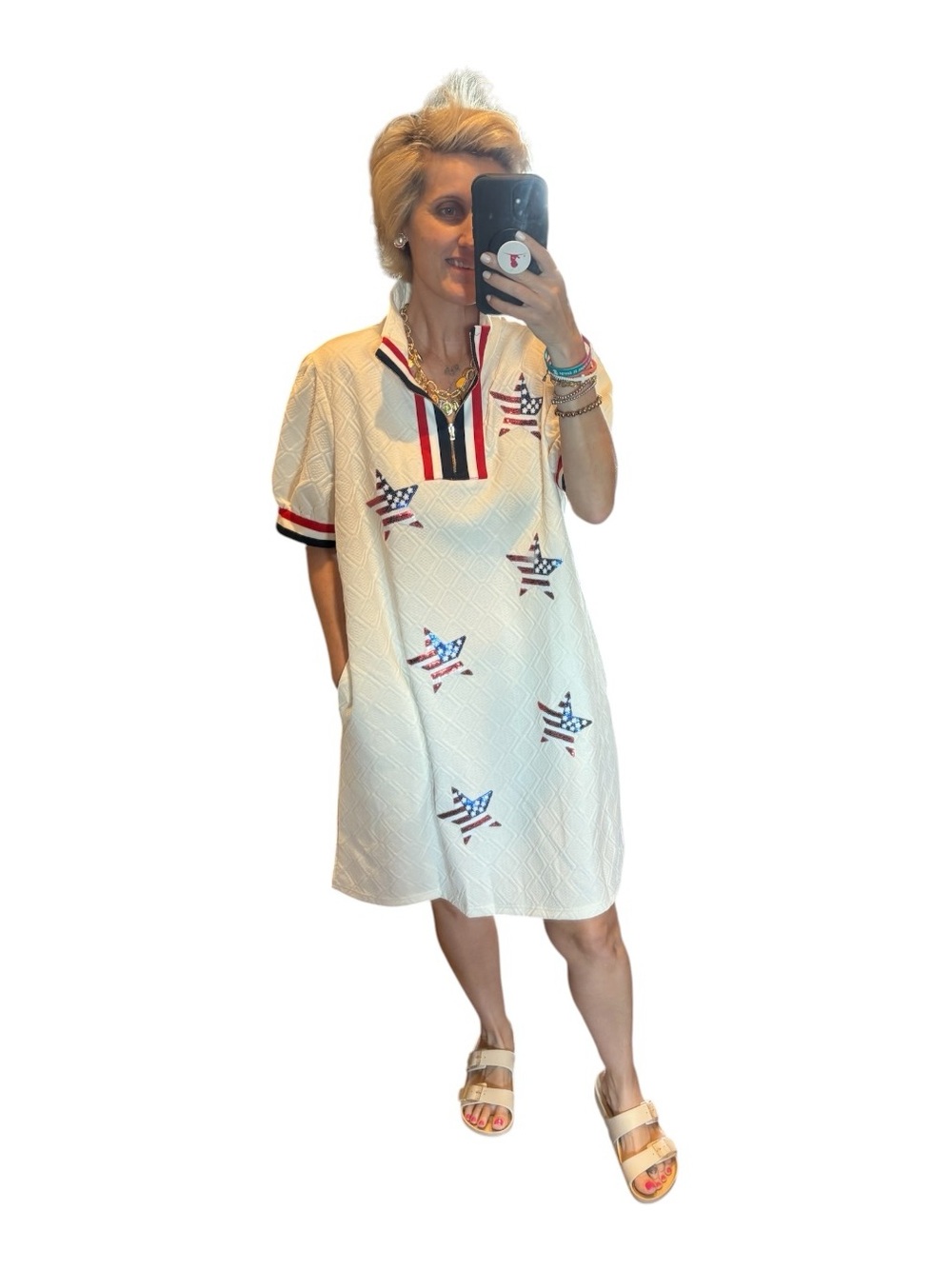 Flag Embroidered Polo Star Sequin Mini Dress - White, Size XL, NWT